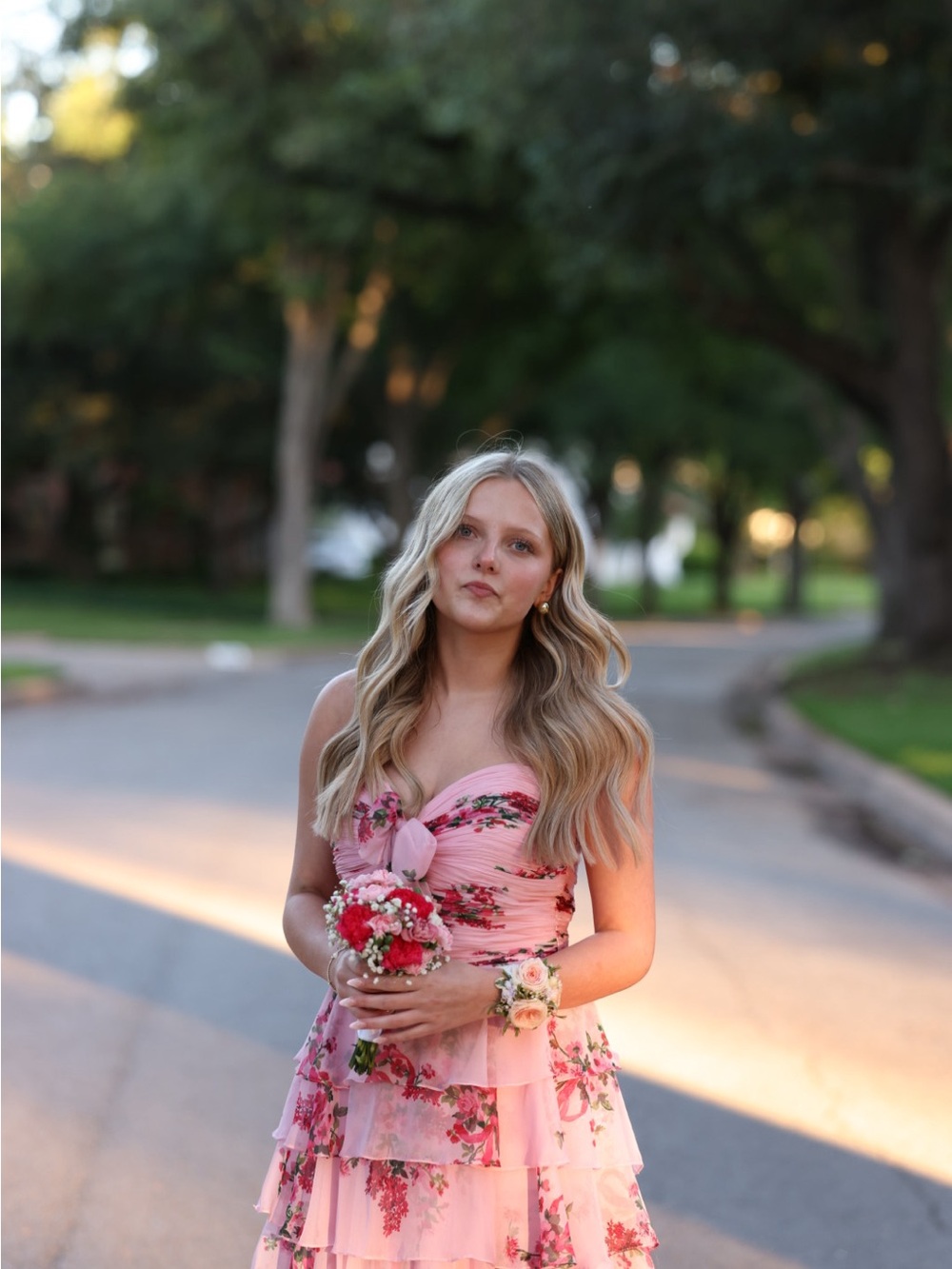Sherri Hill Pink Floral Strapless Tiered Dress